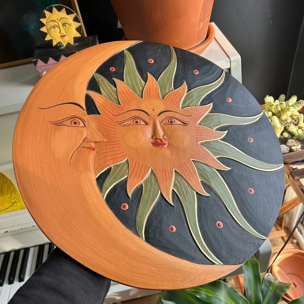 Vintage 15.75" Celestial Sun and Moon Wall Art - Black and Orange Whimsygoth - Picture 1 of 16